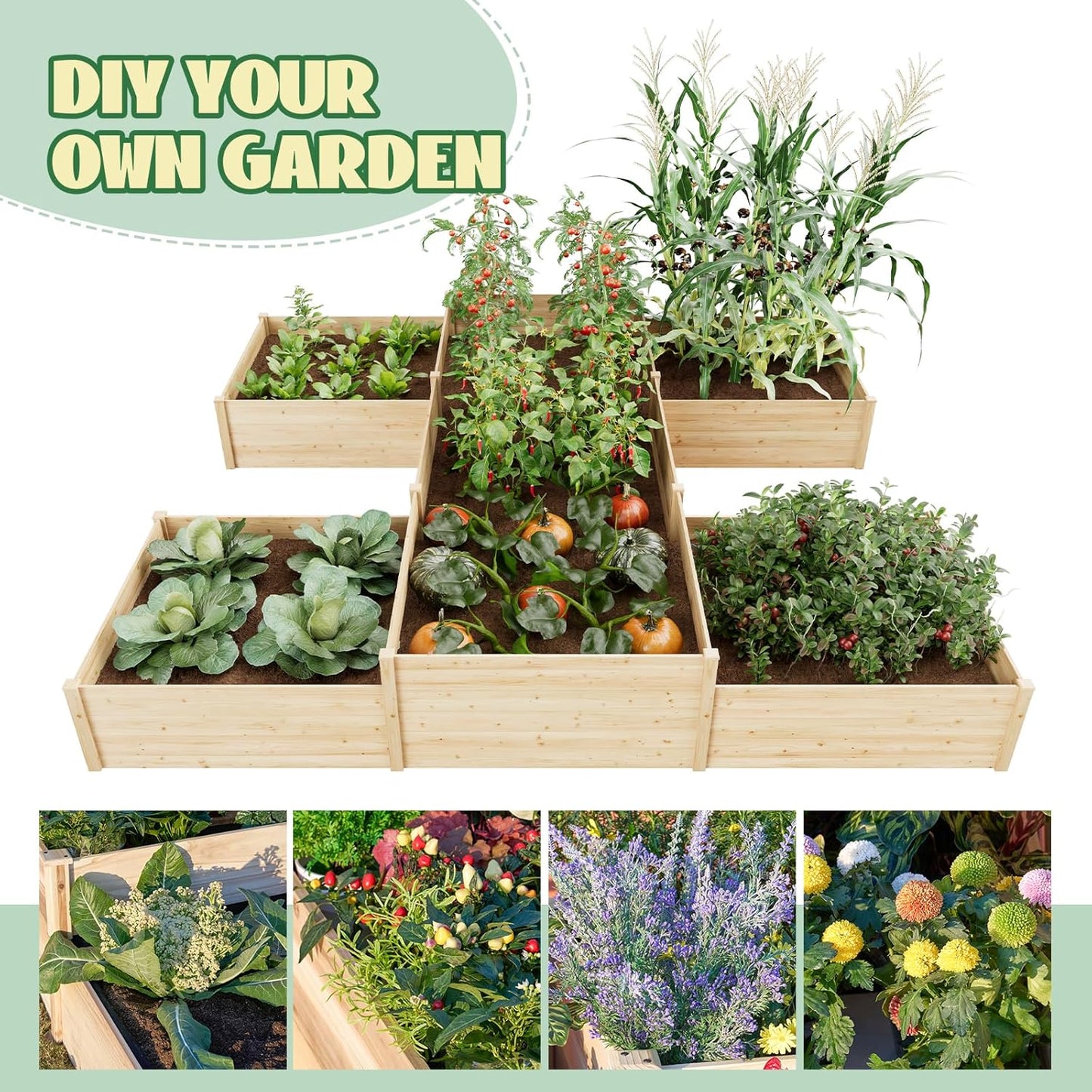 Jocisland H-Shaped Raised Garden Bed, 12x12x2 ft, 180 cu. ft Capacity, Double-Layer Wooden Planter Box for Outdoor Patio Garden