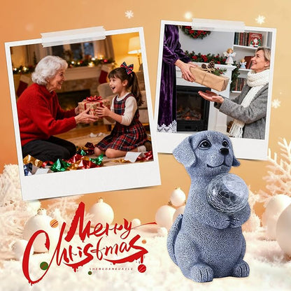 Dog Garden Statues - 8.4 Dog Decor with Gazing Ball LED Lights, Unique Gifts for Mom Grandma Birthdays, Outdoor Decor for Outside Lawn Porch Patio (Gray)