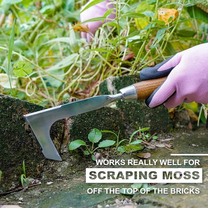 Haliaeetus Crack Weeder, L-Shape Stainless Steel Crevice Weeding Tool, Comfortable Grip Wood Handle Paver Weeder, 11'' Sidewalk Weed Removal Tool for Garden Lawn, Bricked Patio and Terrace Paving Moss