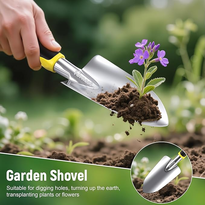 Garden Tool Set, 3 Pack Aluminum Heavy Gardening Kit Including Hand Shovel, Transplant Shovel and Hand Rake for Planting, Digging, Weeding