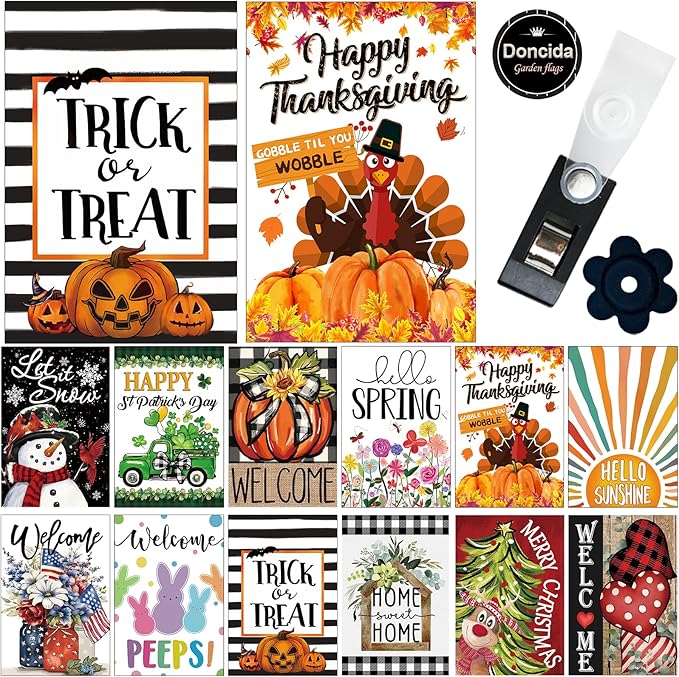 Doncida Seasonal Garden Flags Set of 12 Double Sided Double Stitching 12x18 Inch, Fall Halloween Christmas Yard Flags for Outside Decor, Includes Free Anti-Wind Clip and Stopper