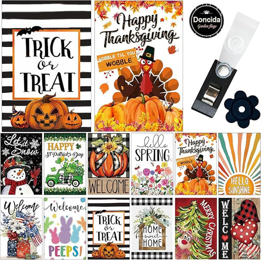 Doncida Seasonal Garden Flags Set of 12 Double Sided Double Stitching 12x18 Inch, Fall Halloween Christmas Yard Flags for Outside Decor, Includes Free Anti-Wind Clip and Stopper