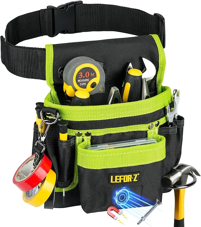 Tool Belt,Magnetic Tool Pouch,14-Pockets Tool Belts for Men,Detachable & Adjustable Tool Pouch belt for Electrician,Carpenter,Construction,Work Apron,Utility Belt,Black-Green