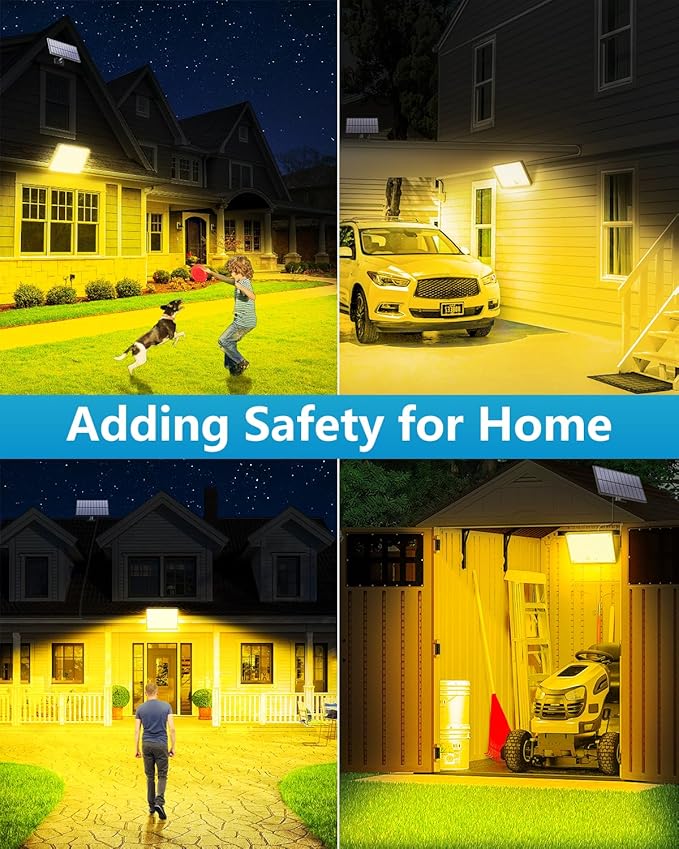 400LED Solar Lights Outdoor Waterproof, 3 Modes & Remote Control Motion Sensor Outdoor Light, Solar Flood Lights with 16.4ft Cable for Garden, Garage, Patio, Pathway (Warm Yellow 2 Pack)