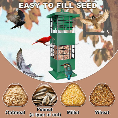 Squirrel Proof Bird Feeders for Outdoors Hanging, Large Capacity Gravity Protection Bird Feeders with 4 Feeding Ports, Metal Wild Bird Feeders for Outside, Finch, Cardinal, Blue Jay, 3.5Lbs