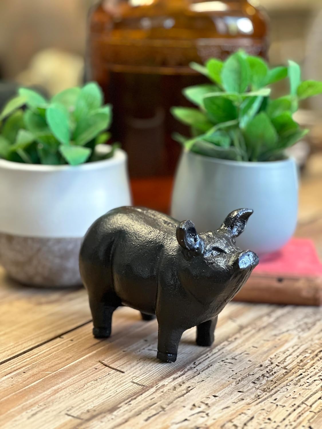 NACH Cast Iron Pig Statue, Standing Black Door Stopper, Rustic Paperweight