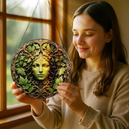 Green Man Stained Glass Suncatcher, Stained Glass Window Hanging, 8 Inch Window Decor Hanging, Gift for Garden Lovers, Mothers Day Birthday Gifts for Mom Grandma Women Sister Wife Lady Lover