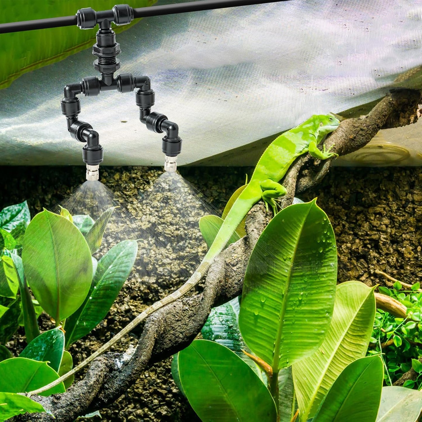 Reptile Terrarium Misting Nozzle 360 Degree Adjustable Reptile Fogger Mist Sprinkler, Dual-Head Black Misting Spray Nozzles for Aquarium Rainforest