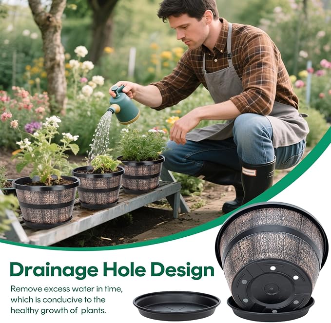 Uneed 10 Inch Whiskey Barrel Planter Pots, 4 Pack Plastic Flower Pots with Drainage Holes & Saucers, Retro Outdoor Pots for Plants, Patio, Lawn Decor (Brown)