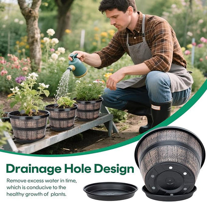 Uneed 10 Inch Whiskey Barrel Planter Pots, 4 Pack Plastic Flower Pots with Drainage Holes & Saucers, Retro Outdoor Pots for Plants, Patio, Lawn Decor (Brown)