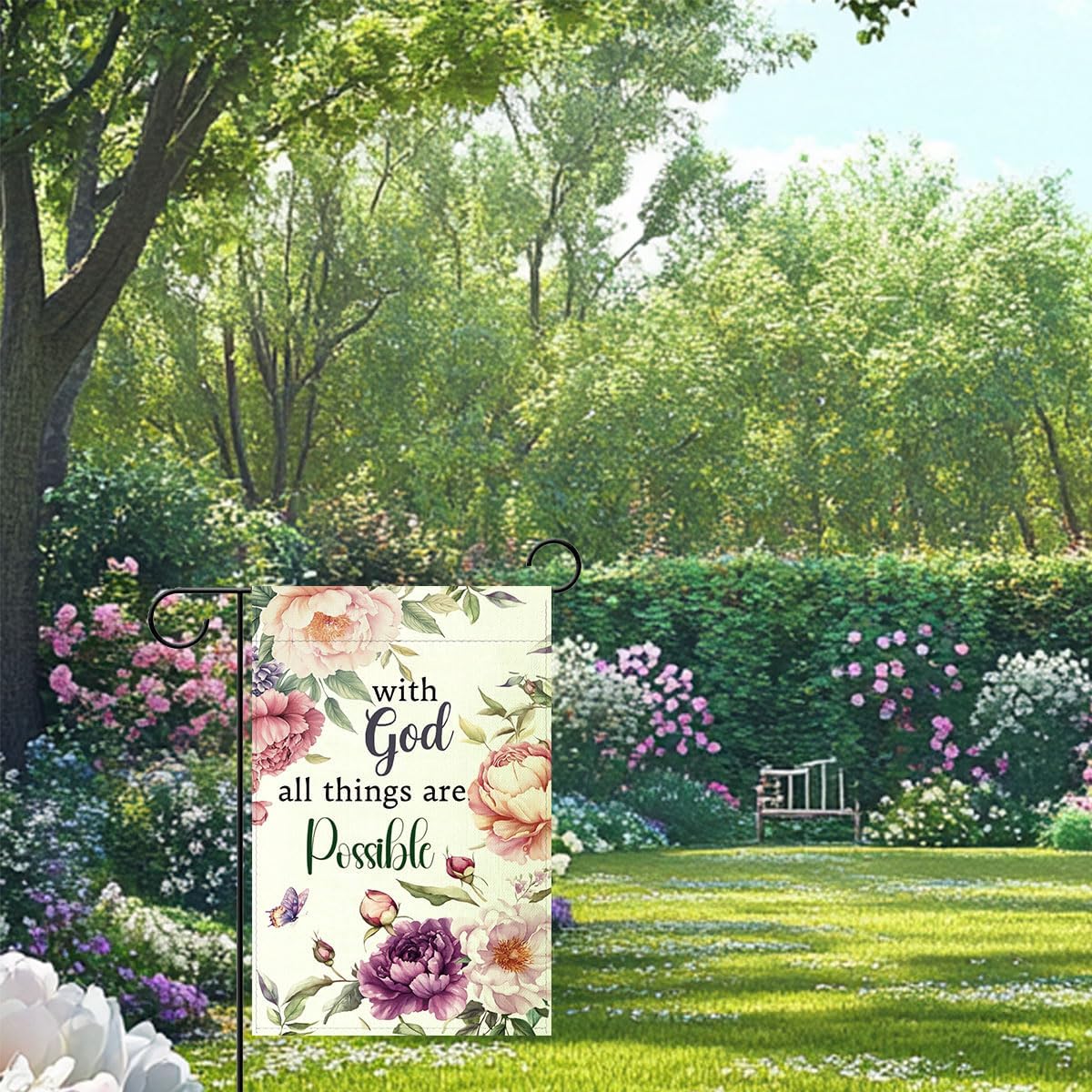 Christian Garden Flag 12x18 Inch Double Sided Outside, "With God all things are Possible" Porch Yard Patio Outdoor Decoration