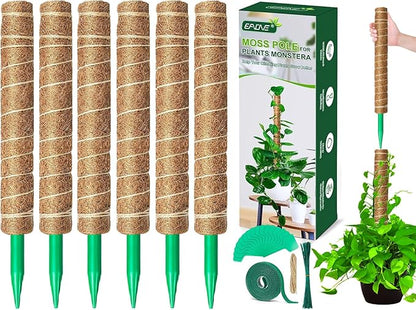 EAONE Moss Pole 126 Inch, 6 Pack 21" Monstera Plant Support for Climbing Potted Live Plants Indoor, Stackable Coco Coir Moss Sticks Monstera Stakes for Pothos Philodendron, with Garden Labels & Ties