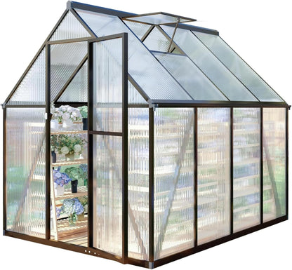 CQZY 6x8 FT Greenhouse for Outdoors, Polycarbonate Greenhouse with Quick Setup Structure and Roof Vent, Aluminum Large Walk-in Green House for Outside Garden Backyard, Dark Gray