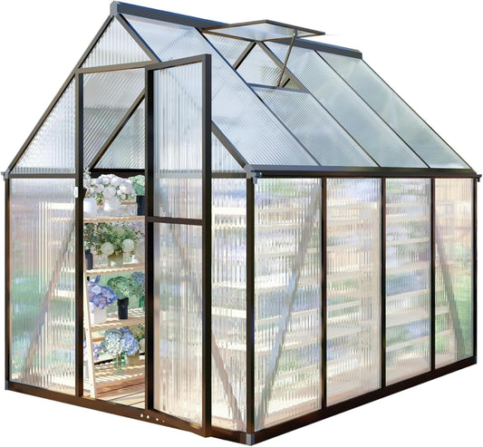 CQZY 6x8 FT Greenhouse for Outdoors, Polycarbonate Greenhouse with Quick Setup Structure and Roof Vent, Aluminum Large Walk-in Green House for Outside Garden Backyard, Dark Gray