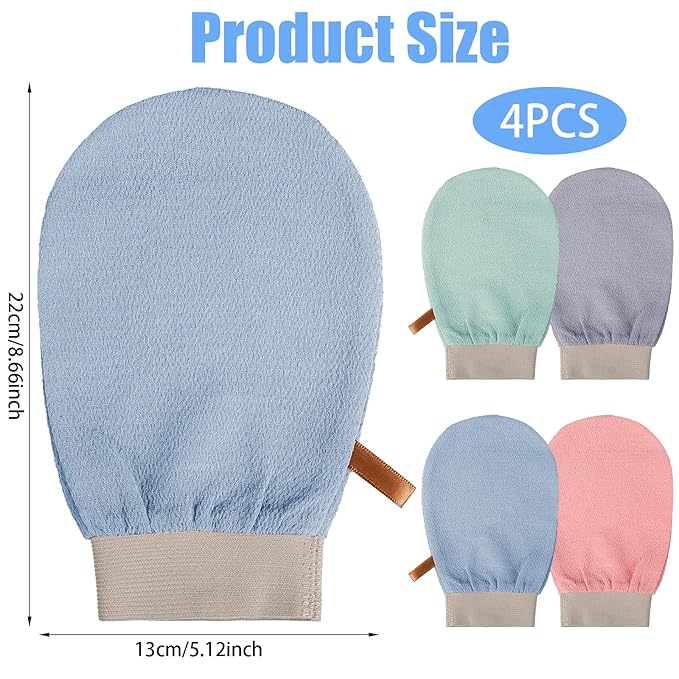 4 Pcs Exfoliating Glove Korean Exfoliating Mitt Body Exfoliator Glove Scrub Gloves Shower Gloves Dead Skin Remover for Body, Self-Tan Prep & Removal, Blue, Green, Black, Pink