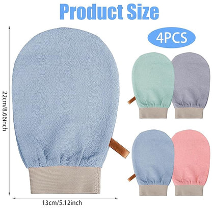 4 Pcs Exfoliating Glove Korean Exfoliating Mitt Body Exfoliator Glove Scrub Gloves Shower Gloves Dead Skin Remover for Body, Self-Tan Prep & Removal, Blue, Green, Black, Pink