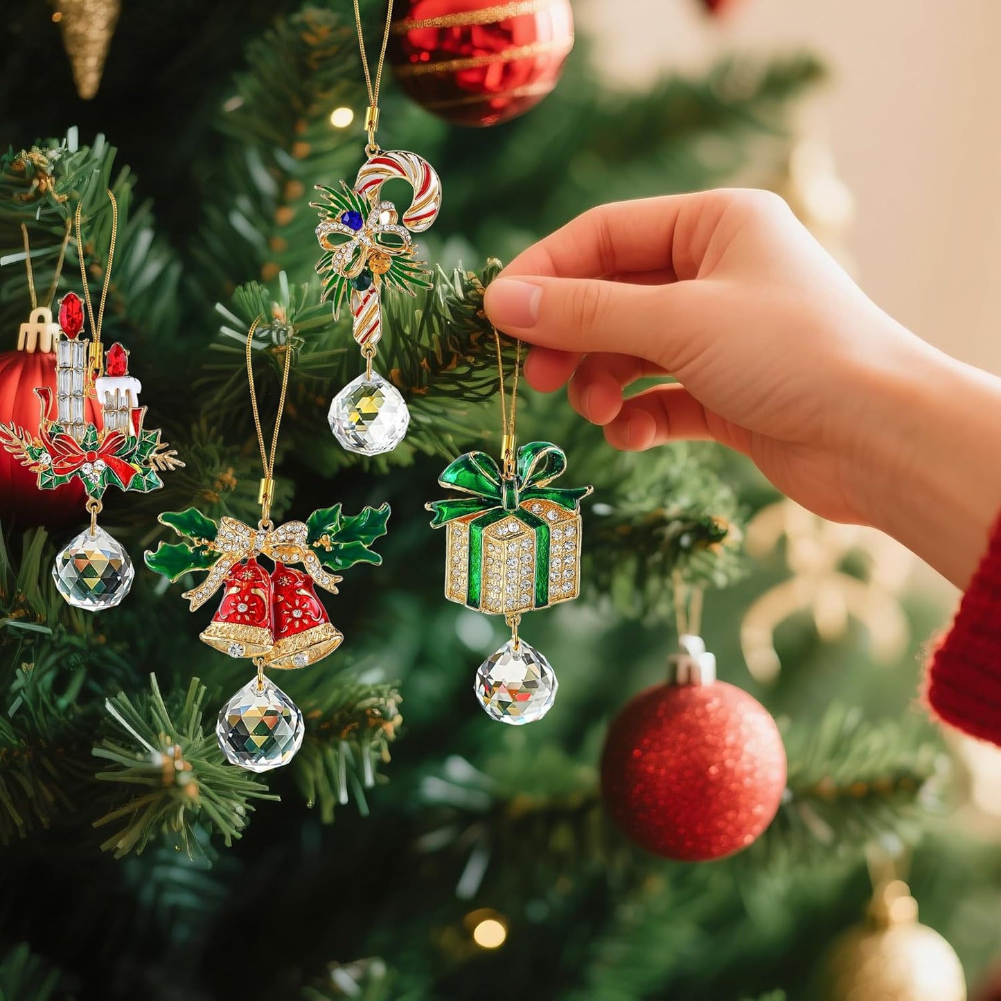 H&D HYALINE & DORA Set of 4 Christmas Sun Catcher with Crystals Cane/Box/Bell/Candle Hanging Crystal Prism Suncatcher for Holiday Party Home Decor