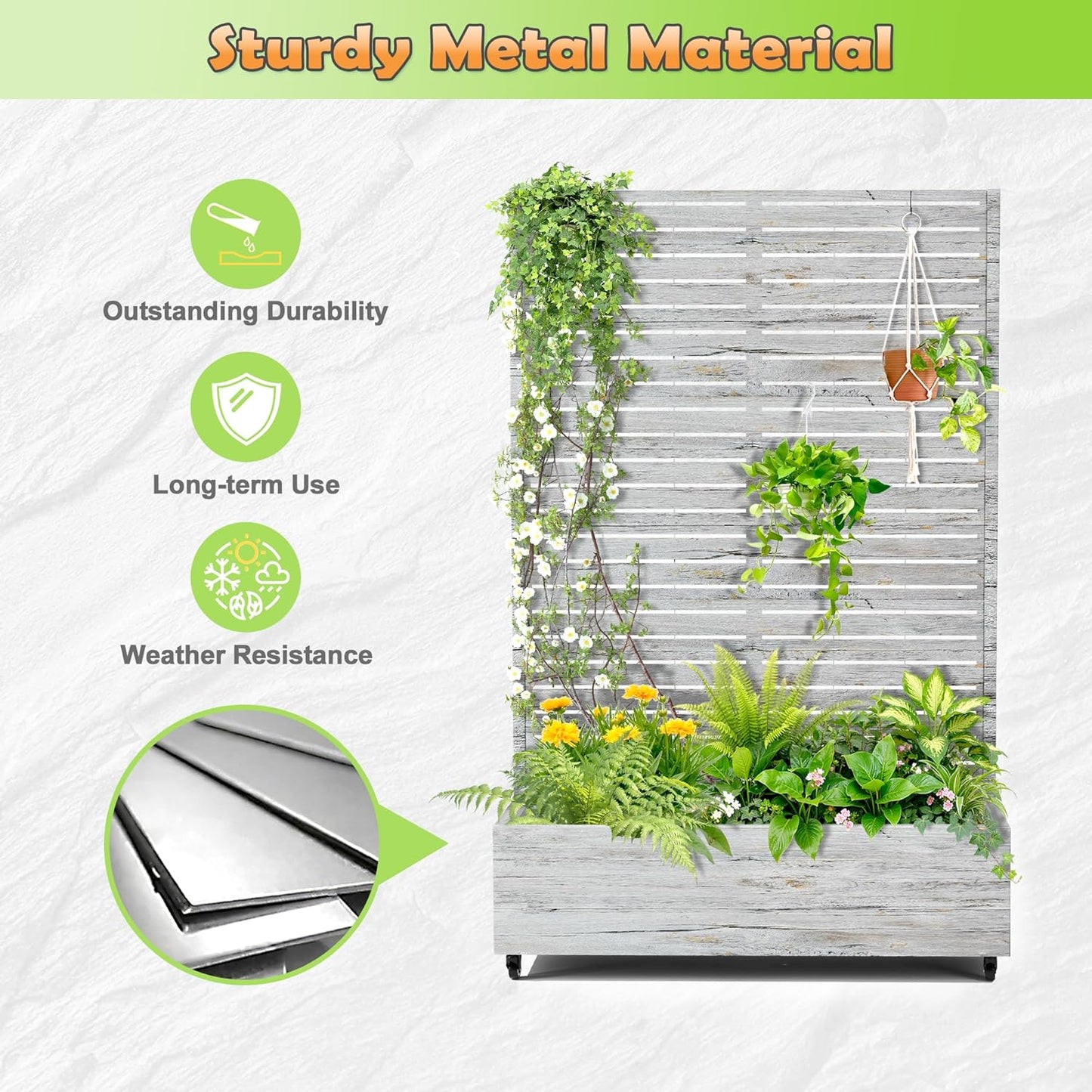 Metal Raised Garden Bed with Trellis, 2-in-1 Planter Box & Privacy Screen for Climbing Plants, Outdoor Standing Flower Bed with Drainage Holes, 47.2" L x 16.7" W x 70.8" H, White Oak Grain