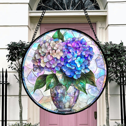 Stained Glass Window Hanging, Blue Purple Hydrangea Flowerpot Suncatcher for Doors Home Sun Catchers Decoration and Christmas, Mother's Day Birthday Gifts for Women, Men, and Mom 14.9 in