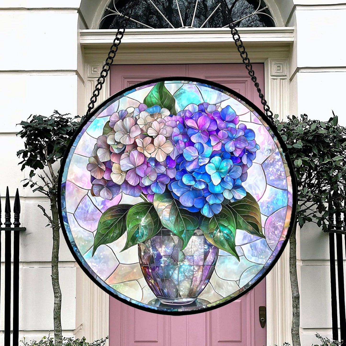 Stained Glass Window Hanging, Blue Purple Hydrangea Flowerpot Suncatcher for Doors Home Sun Catchers Decoration and Christmas, Mother's Day Birthday Gifts for Women, Men, and Mom 6.3x6.3 in