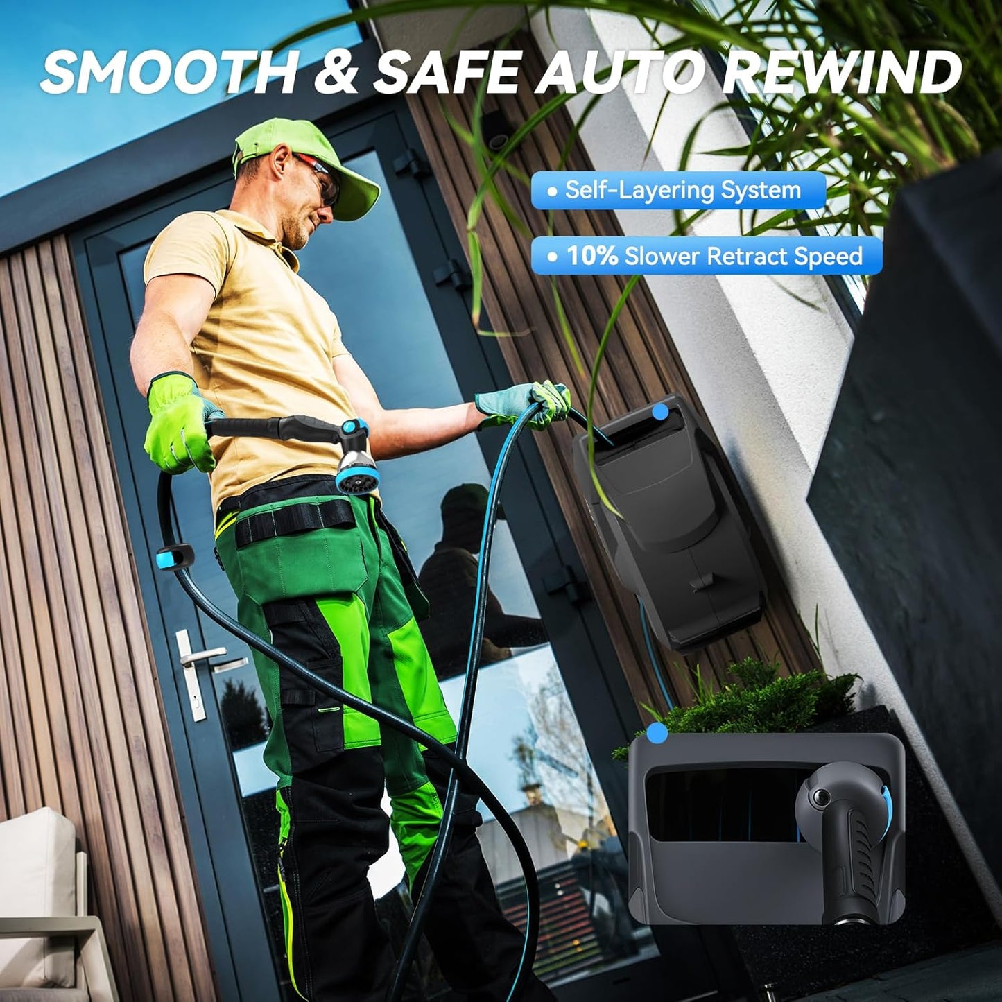 Retractable Garden Hose Reel 120 ft x 1/2 in, Heavy Duty Hose Reel Wall Mount with Any Length Lock, Slow Return System, 180° Swivel Bracket, 10-Pattern Garden Hose Nozzle, Dark Grey