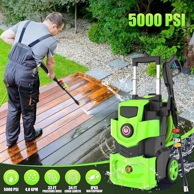 Professional Pressure Cleaner 5000 PSI,4.0 GPM Heavy Duty Power Cleaner with 4 Nozzles,Foam Cannon,33FT Hose and 500ml Soap Bottle for Home/Cars(Green)