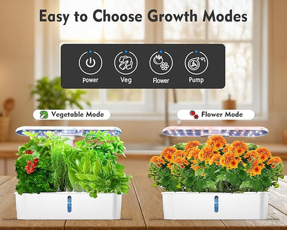 Hydroponics Growing System Kit 12 Pods, Hydroponic Herb Garden Kit Indoor with 24W LED Grow Light, Smart Indoor Garden, Height Adjustable, Auto Timer, Quiet Pump, Gardening Gifts for Mom Women, White