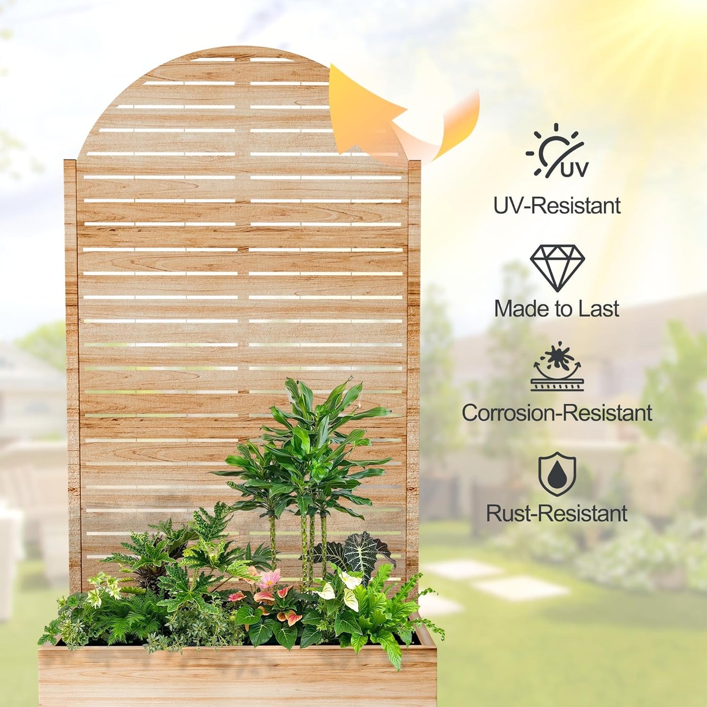 Raised Garden Bed with Arched Trellis and Wheels,73"x35"x16" Metal Raised Garden Bed,Acacia Finish Metal Planter with Climbing Trellis for Vines & Vegetables