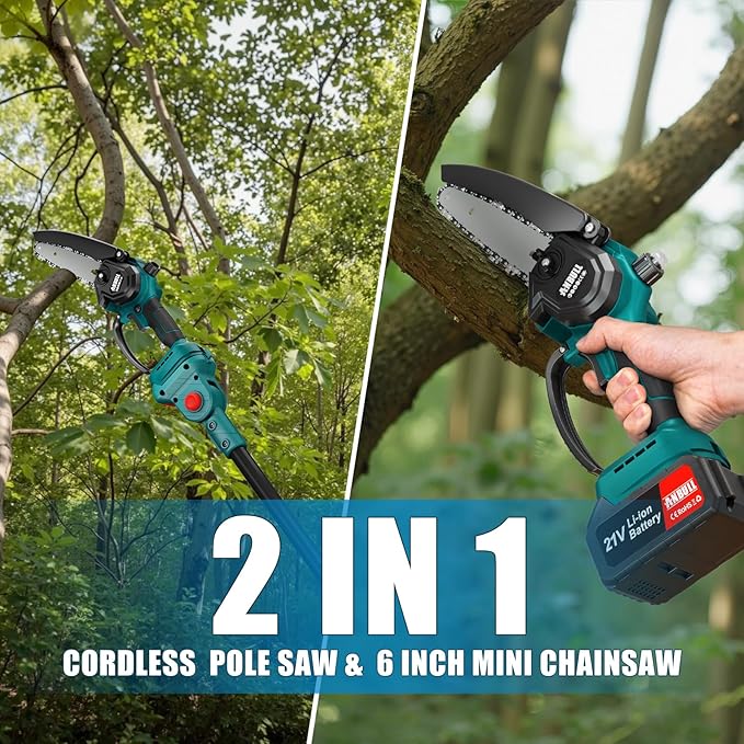 Anbull 2-IN-1 Cordless Pole Saw 6 inch, 2 * 4.0Ah Battery Powered Pole Saws for Tree Trimming, with 15.5ft Max Extension Pole for Tree Branches Wood Cutting