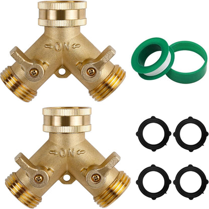 Triumpeek 2-Pack Brass Garden Hose Splitter, 3/4 Inch 2-Way Y Shaped Water Faucet Adapter with Dual Shut-Off Valves, Leak-Proof Design, Includes 4 O-Ring Washers & 1 Tape