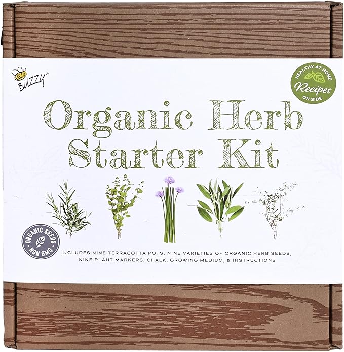 BUZZY Seeds 9 Pot Terracotta Grow Kit Organic Herb Seed Starter Set for Indoor Planting | Includes Seeds, Planting Pots, Soil and Plant Markers, Easy Gardening Gift, Kids Project, Gifts for Teachers