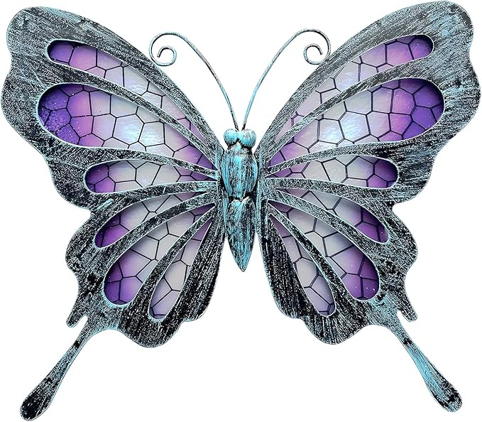 POXOHO Metal Butterfly Wall Decor - Purple Mosaic Glass Art Sculpture with Metal Frame, 11 Inch Hanging Garden Ornaments for Outdoor Fence, Patio Yard, Indoor Bedroom & Living Room Home Decoration
