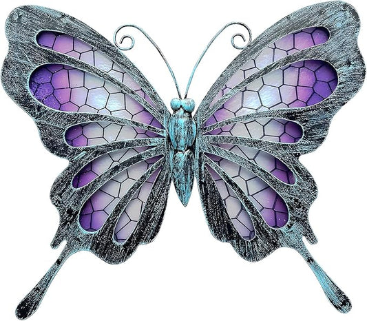 POXOHO Metal Butterfly Wall Decor - Purple Mosaic Glass Art Sculpture with Metal Frame, 11 Inch Hanging Garden Ornaments for Outdoor Fence, Patio Yard, Indoor Bedroom & Living Room Home Decoration