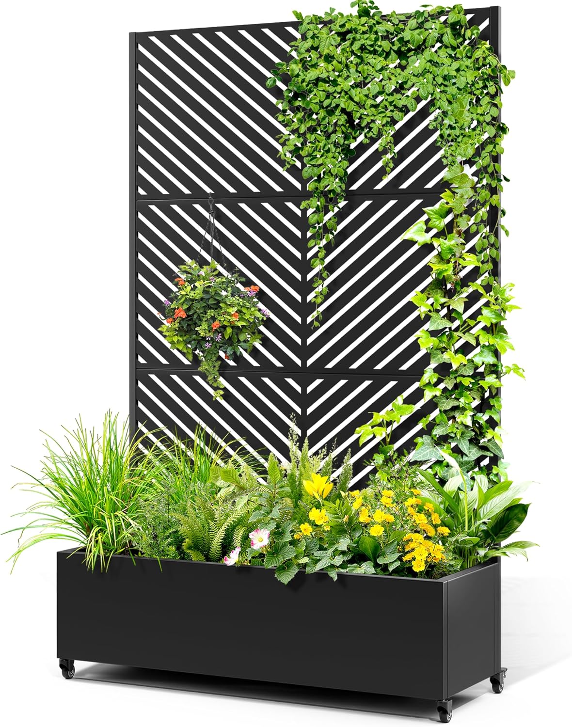 Metal Raised Garden Bed with Trellis, 2-in-1 Planter Box & Privacy Screen for Climbing Plants, Outdoor Standing Flower Bed with Drainage Holes, 47.2" L x 16.7" W x 70.8" H, Black-Parallel