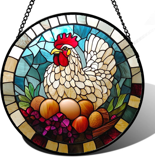 Stained Glass Window Hanging White Chicken Hatching Eggs 7.8" - Suncatcher Door Garden Sunroom Sun Catcher Home Decor Birthday Christmas for Mom Men Woman Nana