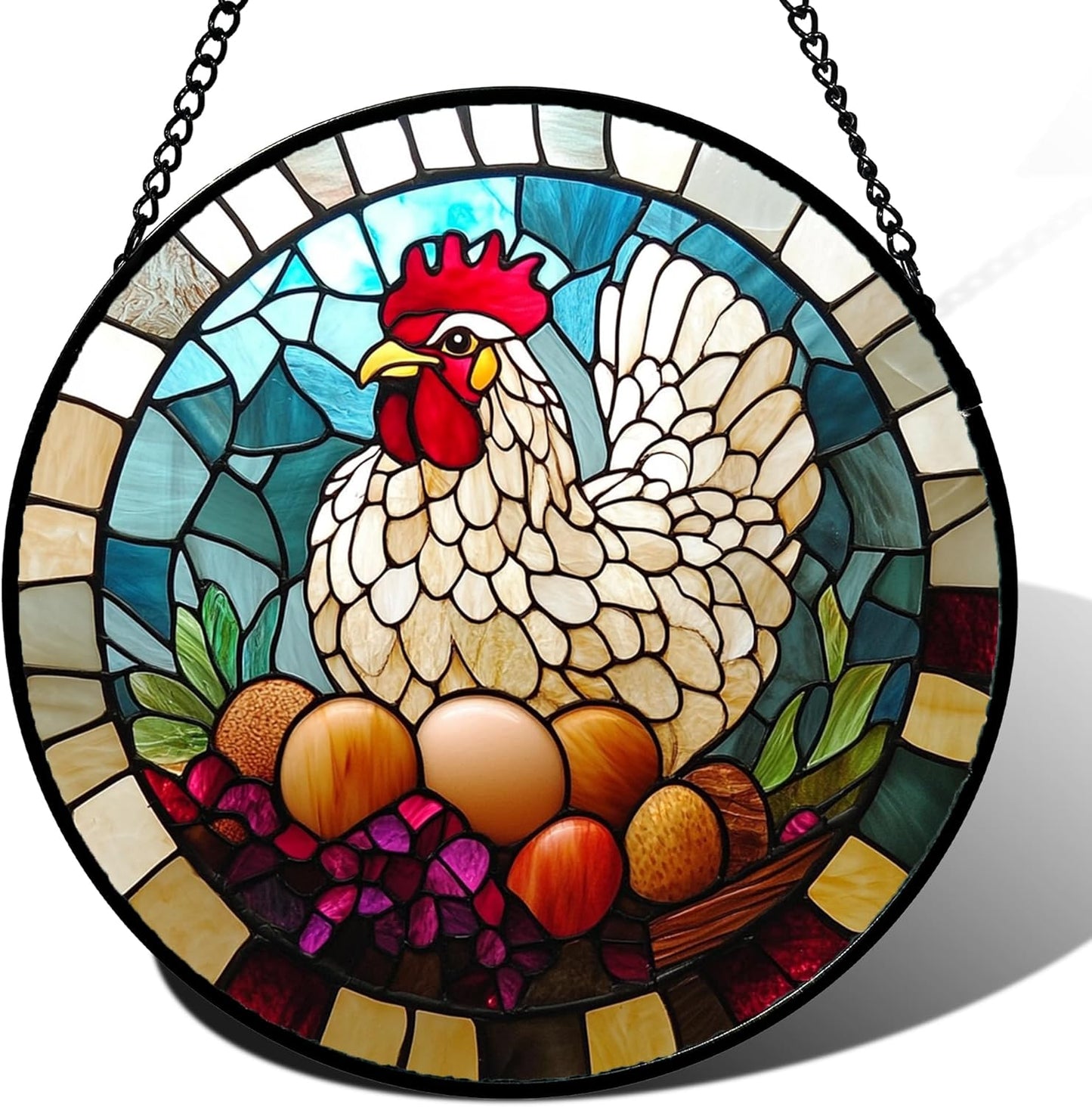 Stained Glass Window Hanging White Chicken Hatching Eggs 9.8" - Suncatcher Door Garden Sunroom Sun Catcher Home Decor Birthday Christmas for Mom Men Woman Nana