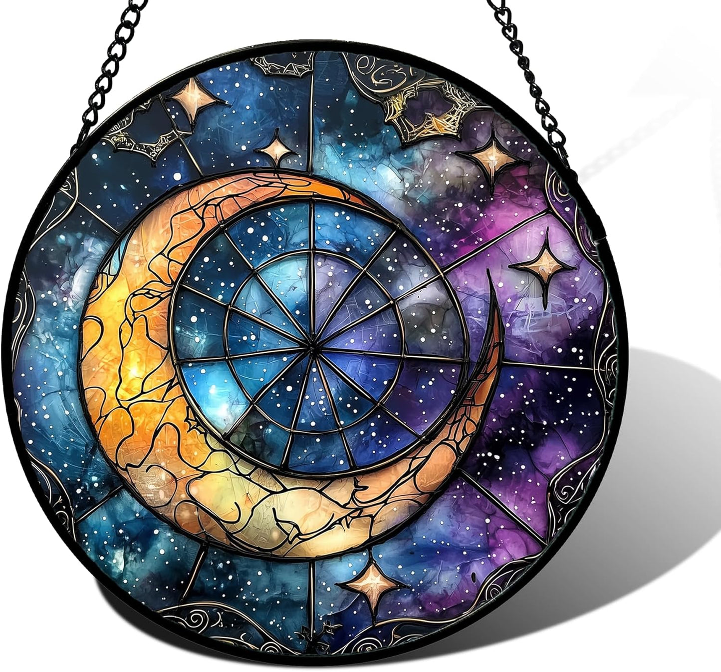 Stained Glass Window Hanging, Blue Starry Sky Moon Astrolabe Suncatcher for Doors Home Sun Catchers Decoration and Christmas, Mother's Day Birthday Gifts for Women, Men, and Mom 6.3 in