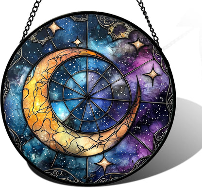 Stained Glass Window Hanging, Blue Starry Sky Moon Astrolabe Suncatcher for Doors Home Sun Catchers Decoration and Christmas, Mother's Day Birthday Gifts for Women, Men, and Mom 11.8x11.8 in
