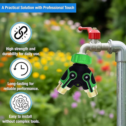Premium 3/4" Heavy Duty 2 Way Hose Splitter Leakproof Full Metal Body Faucet Spigot Splitter Easy Long Handles with Extra Fittings and Teflon