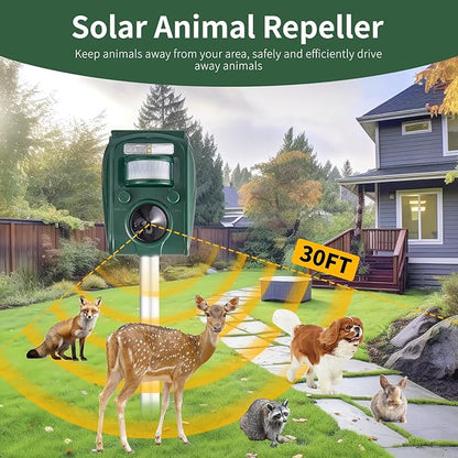 Upgraded Solar Ultrasonic Deer Repellent Devices Motion Detection 5 Adjustable Modes, LED Waterproof Cat Repellent Outdoor, Squirrel Raccoon Rabbit Dog Repellent Deterrent for Yard Farm Garden, 1P