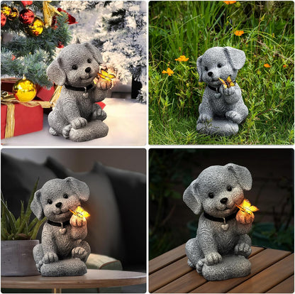 Solar Garden Statue Outdoor Decor,Dog Figurine with LED Lights,Birthdays Mother’s Day Housewarming Gift for Women, Mom, Grandma,Garden Gifts，Home Decoration with Butterfly