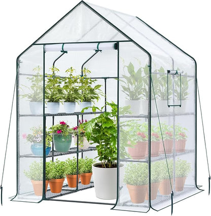 Ohuhu Greenhouse for Outdoors: 3 Tiers 12 Shelves Walk-in Indoor Green House Heavy Duty Plant Stands Reinforced Plastic PE Cover Mini Portable Warm House for Outside, 4.8x2.5x6.4 FT