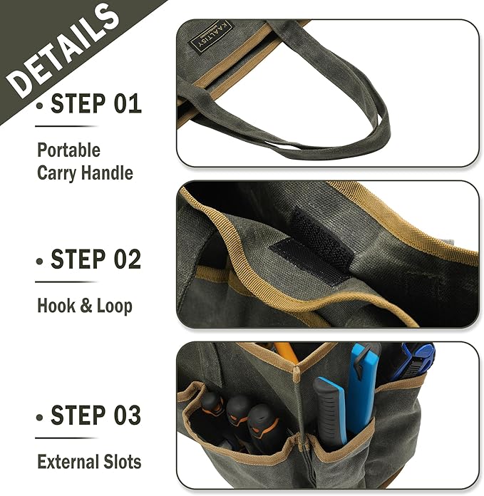 Tool Tote Bag, Heavy Duty 16oz Waxed Canvas Garden Tool Bag | Portable 11-Pocket Tool Storage Bag for Gardener Electrician Contractor Repairman (14"L x 5.5"W x 10.5"H) – Army Green