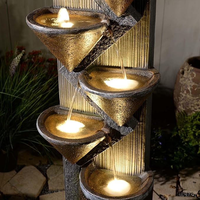 49.6" H Water Fountain Outdoor with LED Lights & Pump, 5-Tier Cascading Outdoor Fountain for Garden,Patio,Porch,Backyard,Home Art Decor (Brown)