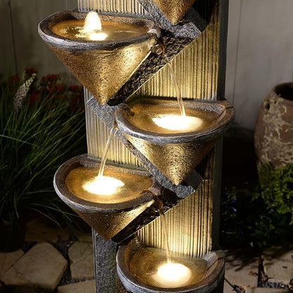 49.6" H Water Fountain Outdoor with LED Lights & Pump, 5-Tier Cascading Outdoor Fountain for Garden,Patio,Porch,Backyard,Home Art Decor (Brown)