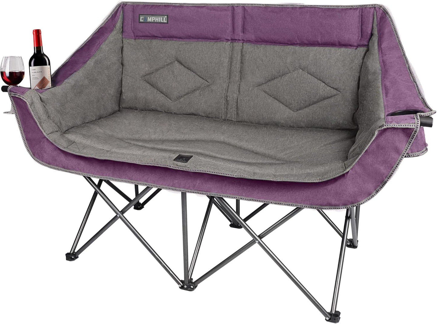 Oversized Double Camping Chair-Heavy Duty 2 Person Folding Loveseat Camp Couch for Adults,Portable Outdoor Lawn Chairs with Padded Seat for Fishing,Sports and Patio,Supports 500 LBS,Purple