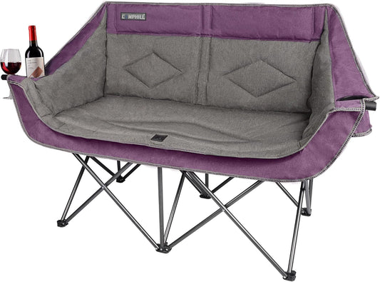 Oversized Double Camping Chair-Heavy Duty 2 Person Folding Loveseat Camp Couch for Adults,Portable Outdoor Lawn Chairs with Padded Seat for Fishing,Sports and Patio,Supports 500 LBS,Purple