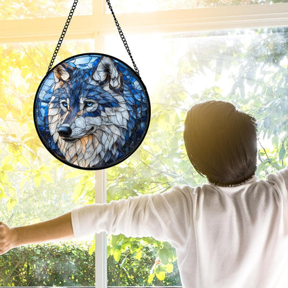 Stained Glass Window Hanging - Funny Wolf Suncatcher Ready to Hang Window Doors Home Decoration and Christmas, Mother's Day Birthday Gifts for Women, Men, and Mom 9.8x9.8 in