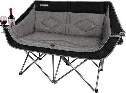 Oversized Double Camping Chair-Heavy Duty 2 Person Folding Loveseat Camp Couch for Adults,Portable Outdoor Lawn Chairs with Padded Seat for Fishing,Sports and Patio,Supports 500 LBS,Black