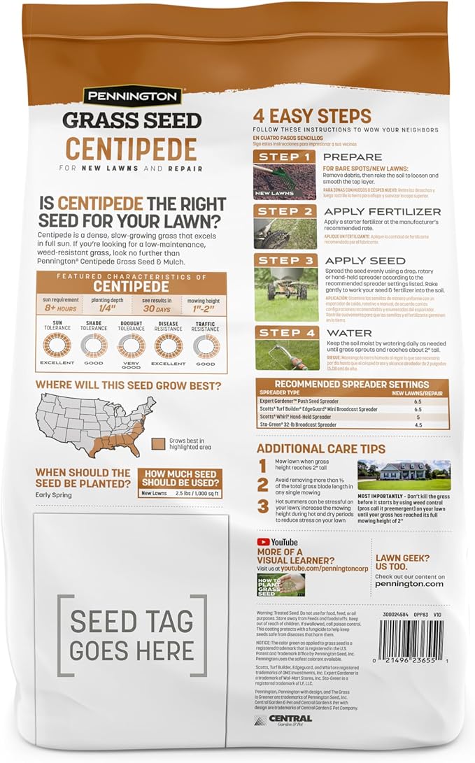 Pennington 100532365 Centipede Grass Seed & Mulch 5 LB, Black Label